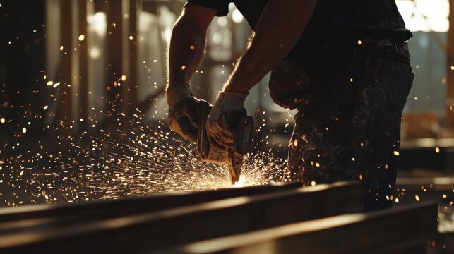 Carpenter cutting metal at a construction site. Featuring focus and craftsmanship
