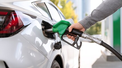 Man refuels car at petrol station Gasoline nozzle in use Vehicle fueling and transportation ownership concept