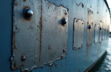 Close-up view of zinc plates on boat hull protecting against seawater corrosion. Zinc anodes installed to prevent electrochemical reaction, oxidation. Maritime technology, vessel maintenance.