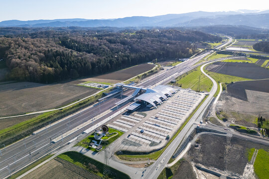 Deutschlandsberg, Austria - April 6, 2025: Weststeiermark train station at the Koralmbahn railroad track between Graz and Klagenfurt.