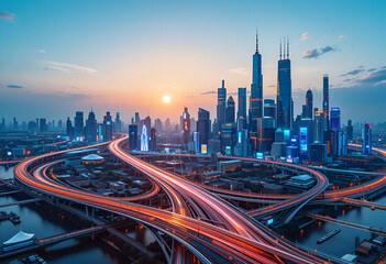 Obraz premium 都市、空撮、風景、景色、未来、展望、進化、進歩、前進、光、道、希望、社会、テクノロジー、発展、開発、成長、俯瞰、ドローン、ハイアングル、パノラマ、地平線、日本、東京、青空、コピースペース、将来、夜明け、日の出、スピード、通信、イノベーション、高速、経済、IoT、DX、技術、ビル群、建設、インフラ、産業、流れる、物流、ロジスティクス、ポジティブ、文明、現代、ネットワーク、インターネット、cg