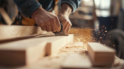 Carpenter cutting wood at a construction site. Featuring attention to detail and focus