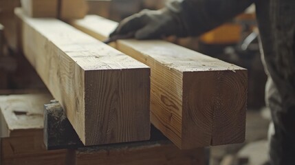 Carpenter assembling wooden beams at a construction site. Featuring craftsmanship and precision