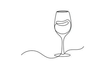 Wine glass continuous one line drawing, Single one line art, linear style, isolated on a white background