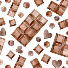 Chocolate and chocolate pieces. Seamless pattern. Chocolate bar. Watercolor illustration. Hand drawn in pastel colors for packaging, textiles and botanical designs.