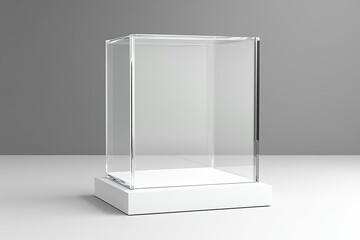 A clear glass display case sitting on a white base against a gray background in a studio setting