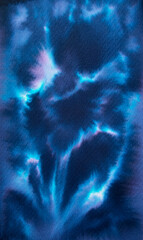 Abstract watercolor background in dark blue and turquoise tones with flowing ethereal patterns evoking celestial skies, ocean depths, and cosmic nebulae. Hand made watercolor and ink