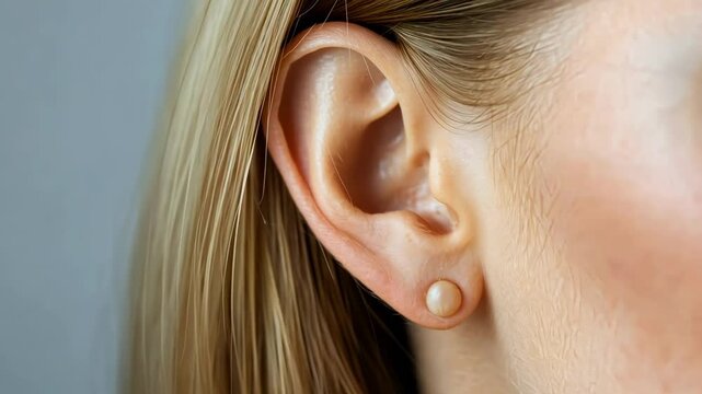 Close up revealing comfortable, stylish hearing aid precisely fitted on woman's ear, showcasing modern assistive technology supporting hearing health and personal communication