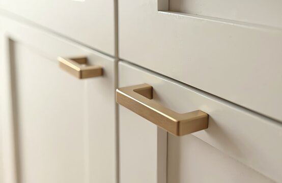 Close-up of modern kitchen cabinet doors with golden metal handles. Minimalist design in a luxury home. Elegant style, furniture details, home interior, renovation. Apartment decor.