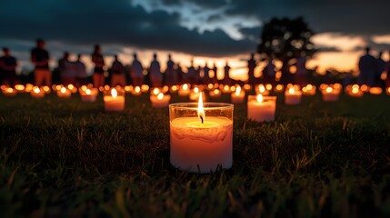 Candles in glass holders are arranged on grassy terrain, each emitting a warm glow