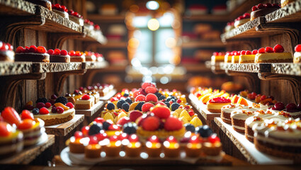 A tantalizing arrangement of various colorful cakes and pastries on display in a bakery.