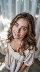 A portrait captures a stunning 20-year-old fashion model with a cute smile, taken from a high-angle perspective