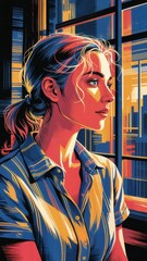 A stylized, vibrant picture of a woman in a side profile, gazing out of a window, blending realism and abstract art