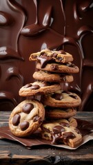 a tall stack of freshly baked chocolate chip cookies arranged artfully on a dark wooden surface