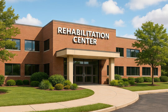 Modern rehabilitation center building on sunny day. concept of healthcare facility, healing environment, recovery services.