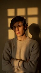 A warm, atmospheric portrait of a young man with wavy brown hair