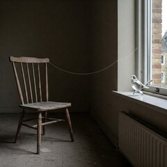 Old wooden furniture and a glass bird are connected by a thread.