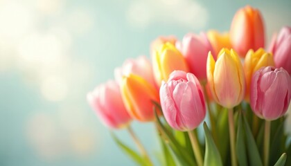 Beautiful multicolored tulips on blurred background. Pink yellow orange flowers in spring bouquet. Springtime, Easter, mother day, women day concepts. Floral bloom close-up with copy space. Ideal for