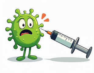 Illustration of scared cartoon germ facing injection syringe, concept health, medical, disease, immunization. Germ character afraid vaccination. World immunization week, vaccination protects health.
