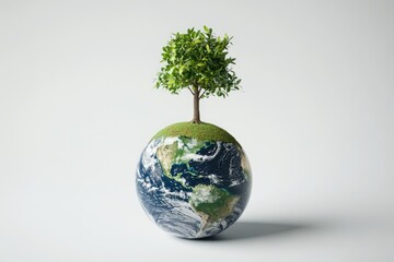 A small tree atop a miniature Earth, symbolizing environmental preservation and global sustainability.