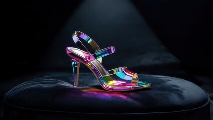 High-heel shoe made of iridescent glass on a black velvet cushion
