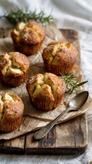 Freshly baked apple muffins arranged artfully on a weathered, rectangular wooden board