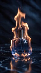 Perfume bottle with a silver cap and a translucent blue glass body, engulfed in flames on a black marble surface