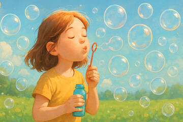 Caucasian girl blowing soap bubbles in a sunny meadow during a warm spring day. Concept of playful childhood, outdoor fun, imagination, and joyful innocence.
