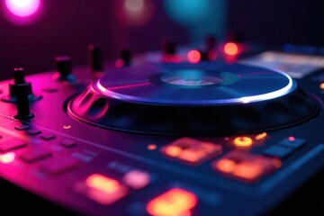 Close-up of illuminated DJ setup, vibrant colors, party, control