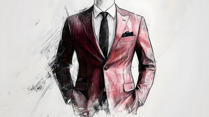 Fashion sketch of a modern suit for men, sharp lines and stylish design, minimalist and sleek