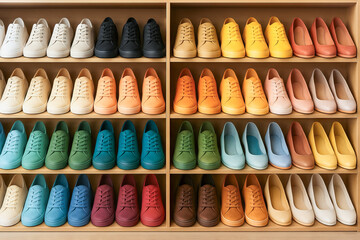 Colorful collection of shoes and sneakers organized on wooden shelves in full rainbow palette. Concept of fashion choice, retail display, footwear variety, wardrobe organization, store interior