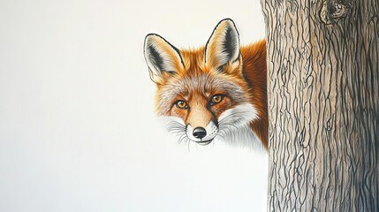 Obraz premium Red fox peeks from tree trunk against white wall backdrop