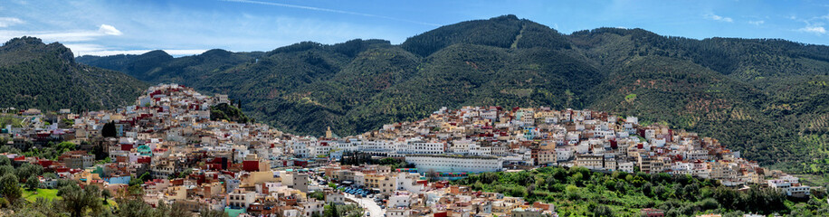 Moulay Idris Zerhoun with Zaouia Moulay Idriss II mosque, located near the Volubilis Roman ruins in...