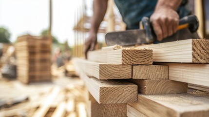 Carpenter cutting wood planks at a construction site. Featuring precision and care