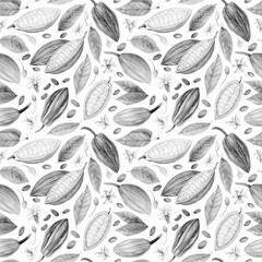 Chocolate tree pods and cocoa beans. Black and white Seamless pattern. Cacao fruit. Watercolor illustration. Hand drawn in pastel colors for packaging, textiles and botanical designs.