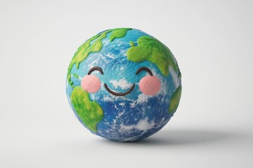 Fototapeta premium A happy cartoon Earth globe with smiling face and rosy cheeks, representing environmental care and global well-being.