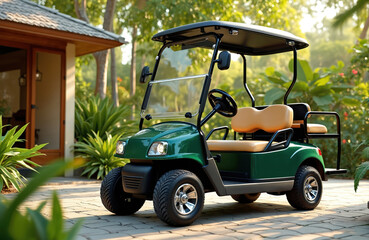 Electric golf cart at luxury resort. Green cart on tropical vacation, ready for golf game. Ideal transport on golf course road. Summer travel, recreation activities. Resort, hotel, vacation. Golfing
