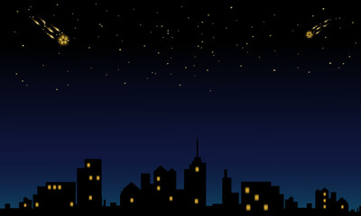Fototapeta premium A calm night cityscape under a starry sky with falling stars. Romantic Background is perfect for night-themed designs, posters, bedtime stories or inspirational backgrounds.