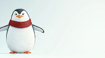 Obraz premium A penguin adorned in a red scarf stands before a white backdrop, gazing directly into the lens