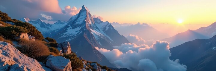Sharp rocky peaks, sunlit cloudscape, crisp air , mountains, adventure