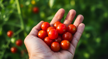 Freshly Harvested Cherry Tomatoes in a Hand With Garden Backdrop