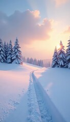 Untouched snow blankets a serene landscape; distant trees stand silhouetted against the pale sky , backdrop, white, snow covered