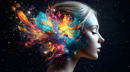 Profile Of A Woman With Colorful Abstract Paint Splash Exploding From Her Head Against A Dark Starry Background Digital Art