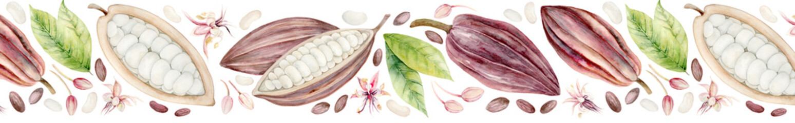 Chocolate tree pods and cacao beans. Seamless pattern. Cacao fruit. Watercolor illustration. Hand drawn in pastel colors for packaging, textiles and botanical designs.