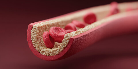 3d Illustration of cholesterol buildup inside artery, blood cells and plaque. 