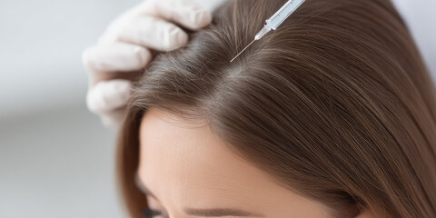 Fototapeta premium A cosmetologist injects a syringe into a woman's scalp with hair. Hair mesotherapy injections from professional trichologist. 