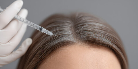 A cosmetologist injects a syringe into a woman's scalp with hair. Hair mesotherapy injections from professional trichologist.  