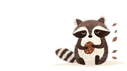 Fototapeta premium A raccoon holding a cookie with leaves falling from its mouth, sitting on the ground