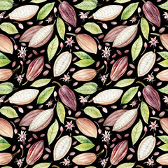 Chocolate tree pods and cocoa beans. Black and white Seamless pattern. Cacao fruit. Watercolor illustration. Hand drawn in pastel colors for packaging, textiles and botanical designs.