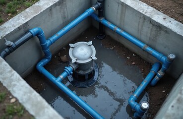 Pumping station private house water supply system. Blue pipes, valves connect to pump. Water well equipment. Clean water, liquid, pressure, concrete wall. Communication, accurateness.